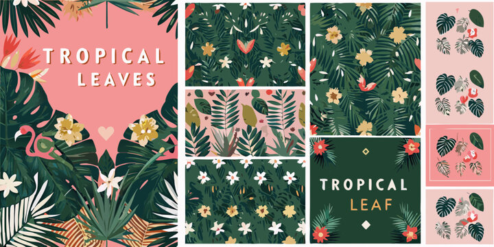 Vibrant tropical leaves and flowers collection with flamingo and hearts on pink background
