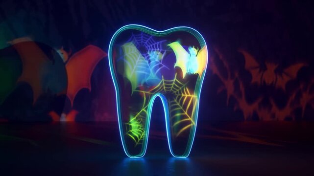 A neon 3d tooth model with projected halloween graffiti patterns, abstract background for dental brand marketing