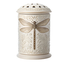 Ornate Cream Ceramic Incense Burner with Dragonfly Design graphic
