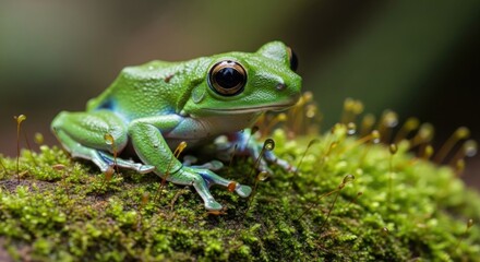Obraz premium Emerald green frog, large eyes, perched on vibrant moss with sparkling dew drops, blurred rainforest background