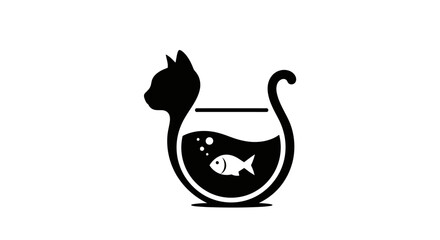 Minimalist cat and fishbowl logo design featuring a playful silhouette arrangement