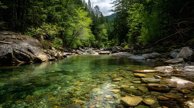 Crystal clear water flows through a pristine river, reflecting sunlight and showcasing the rocky riverbed in a lush forest setting, with green trees flanking either side and a gentle light... - Powered by Adobe