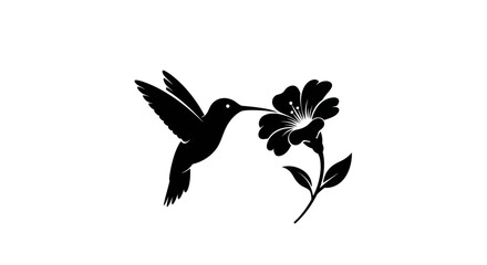 Elegant Silhouette of Hummingbird Sipping Nectar from Blooming Flower Art Design