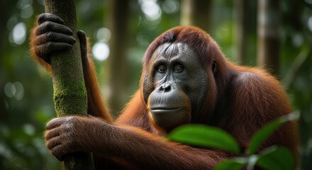Naklejka premium Close-up intelligent, red-furred primate holds a mossy tree branch, observing its dense green jungle habitat