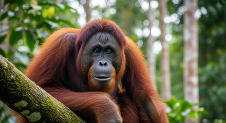 Close-up of a vibrant, rust-colored orangutan calmly perched on a moss-covered branch in a lush, green forest