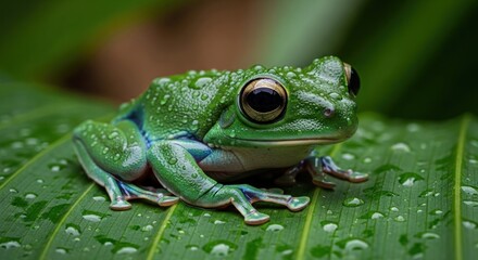 Obraz premium A vibrant green amphibian, glistening with dew, rests on a large, wet leaf