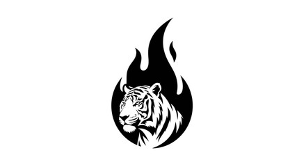 Striking black and white tiger head encircled by flames artistic illustration