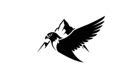 Striking silhouette illustration of a falcon soaring over majestic mountain peaks