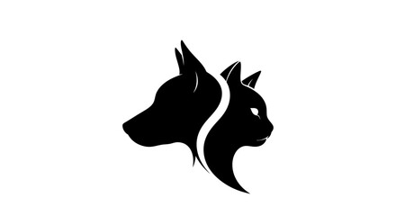 Monochrome logo design featuring the silhouettes of a dog and a cat intertwined gracefully showing