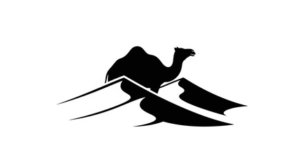 Minimalist depiction of a camel traversing sand dunes conveys travel and simplicity