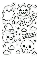 A fun collection of cute halloween characters with funny smiling faces and bright vector illustrations for children's design