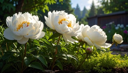 Beautiful White Peonies Blooming in a Garden on a Sunny Day