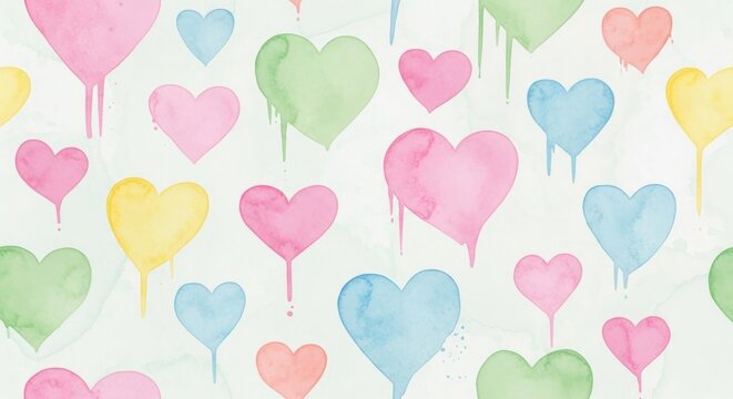 A seamless pattern of dripping watercolor hearts in soft pastel shades of pink, blue, green, and yellow