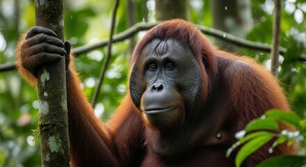 An orangutan's intelligent gaze from the emerald canopy, gripping a mossy branch