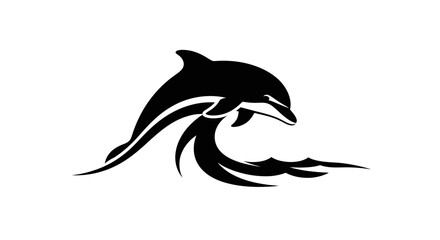 Black and white vector illustration of a dolphin leaping out of the water forming a wave