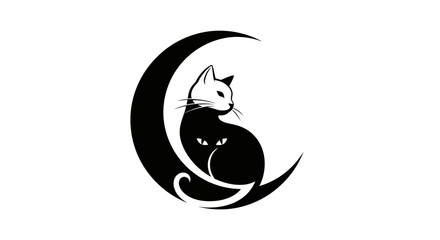 Elegant black and white illustration of a cat sitting within a crescent moon design