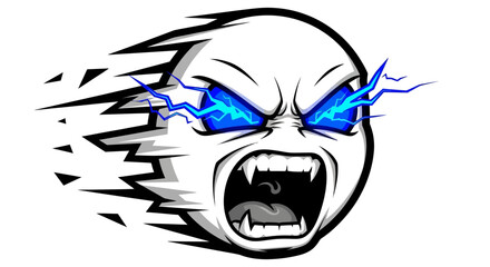 A dynamic illustration featuring an angry white ghost with electric blue eyes and fangs flying