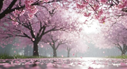 Blooming Cherry Blossom Trees in a Pastel Pink Spring Landscape