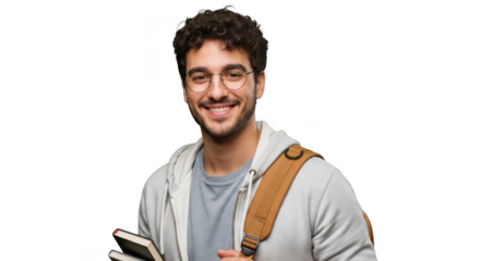 Happy young man with glasses and casual outfit smiling and holding a phone