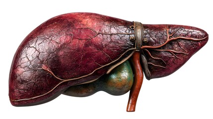 Obraz premium Detailed anatomical depiction of a human liver, featuring a textured, reddish-brown surface with visible veins and internal structures, alongside a gallbladder, all displayed on a clean, white...