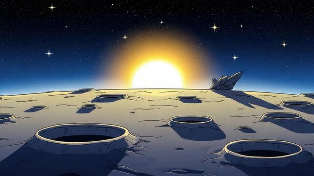 cartoon moonscape with numerous craters under star-filled deep blue to black sky A huge bright sun rises on the horizon illuminating the surface and tilted spacecraft