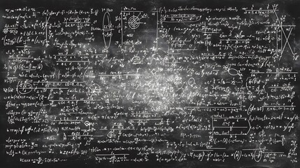 Complex mathematical equations and formulas are scribbled in chalk across a weathered, dark chalkboard, representing educational concepts and scientific principles within a dimly lit environment.