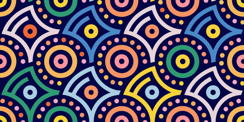 Vibrant geometric pattern with concentric circles and arcs in a playful color palette