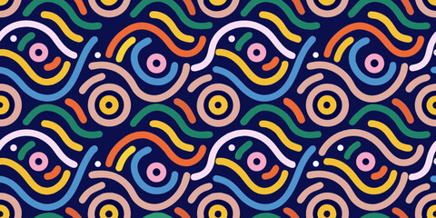Seamless pattern of colorful abstract wavy lines and circles on a dark blue background
