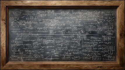 Complex mathematical equations are intricately scribbled across a traditional chalkboard, enclosed within a weathered wooden frame.