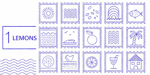 Collection of hand drawn blue ink stamps featuring summer vacation and citrus themes
