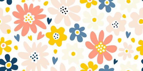 Whimsical hand drawn floral pattern with hearts in pastel colors on white background
