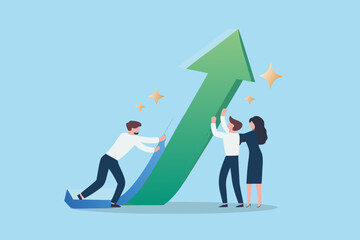 Teamwork and collaboration to achieve business growth and success with a rising green arrow
