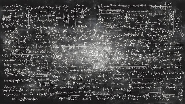 Complex mathematical equations and formulas are scribbled in chalk across a weathered, dark chalkboard, representing educational concepts and scientific principles within a dimly lit environment.