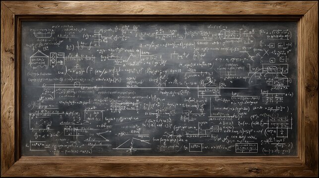 Complex mathematical equations are intricately scribbled across a traditional chalkboard, enclosed within a weathered wooden frame.