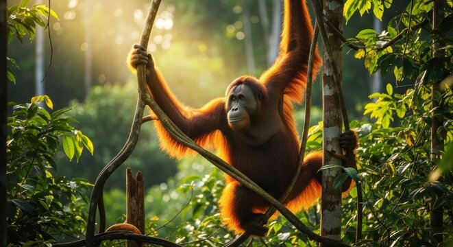 Majestic orangutan swinging on thick vines in a sun-drenched, vibrant rainforest, perfectly backlit by golden hour