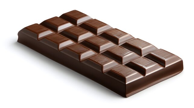 Dark chocolate bar, captured with professional lighting, showing a  view on a clean white background. The rectangular chocolate, segmented into individual squares, appears rich in color and texture.