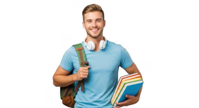 Smiling young man student with backpack and books ready for education and learning - Powered by Adobe