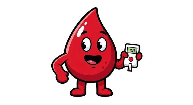 Cute cartoon blood drop character holds a glucose meter