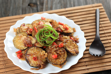 Crispy Purple Eggplant on Spicy Sweet Soy Sauce