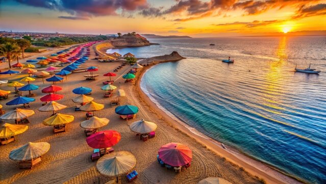 Drone View of Sharm El Sheikh Beach with Colorful Umbrellas at Sunset