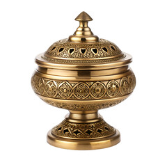 Ornate Golden Decorative Bowl with Intricate Patterns and Lid on Black Background graphic design