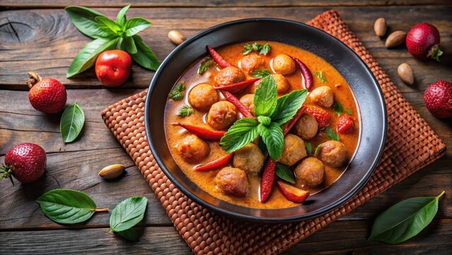Thai Red Duck Curry with Lychees and Basil on a Clean Dish
