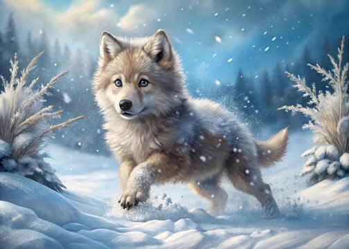 Dire wolf pup playing in snowy landscape with fluffy fur and wagging tail