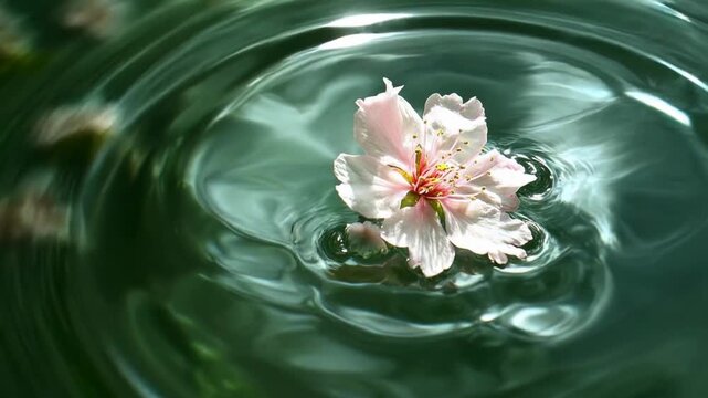 A delicate flower floats gently upon the water, its petals gracefully carried by the subtle ripples, creating a sense of serenity.