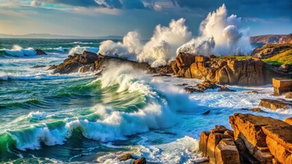 Turbulent ocean waves crashing against rugged rocky shore