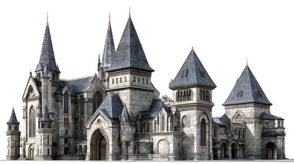 Obraz premium Detailed facade depiction of a grand, gothic-style building with multiple spires, towers, and intricate architectural details presented against a clean white backdrop, showcasing a sense of history...