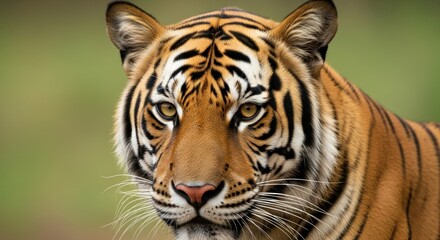 Close-up portrait of a majestic tiger's face, with piercing golden eyes and distinctive black stripes