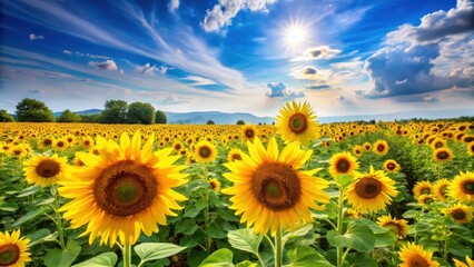 Fototapeta premium Sunflower field with blooming flowers under a clear blue sky