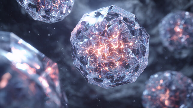 Abstract glowing crystalline structures floating in a dark cosmic background
