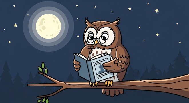 Wise brown owl with spectacles reads a book on a tree branch at night, under a bright full moon and many stars